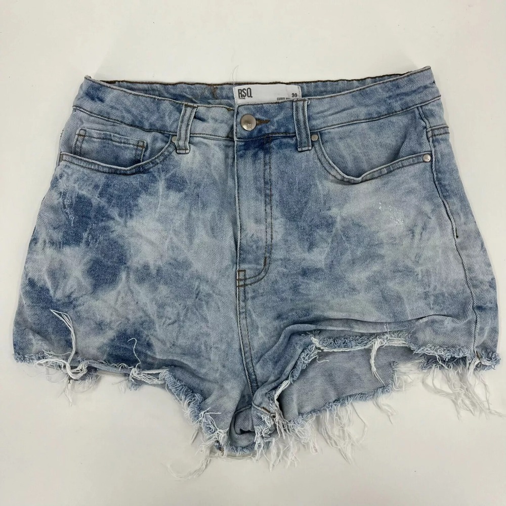 RSQ Curvy High Rise Acid Wash Distressed Denim Shorts Light Blue Size 30